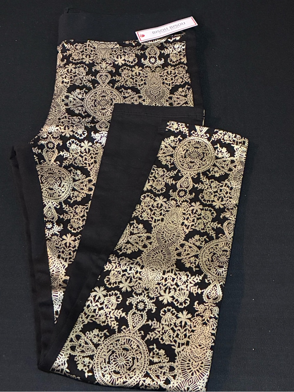 Bisou Bisou Black Leggings with Gold Lace Foil